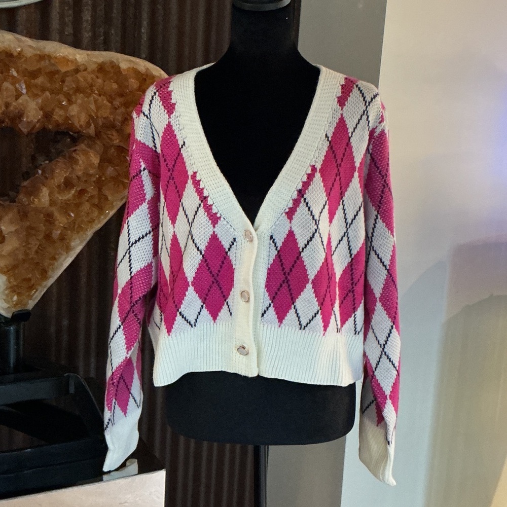 SHEIN Pink and White Argyle Cardigan